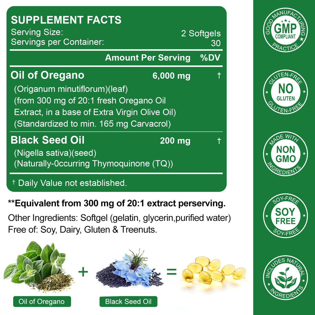 Nature's live Oil of Oregano with Black Seed Oil, 2 in 1 Oregano Supplement for Immune Health, Retains High Concentrated Carvacrol & Thymoquinone, Non-GMO, 60 Softgels, 2 Pack