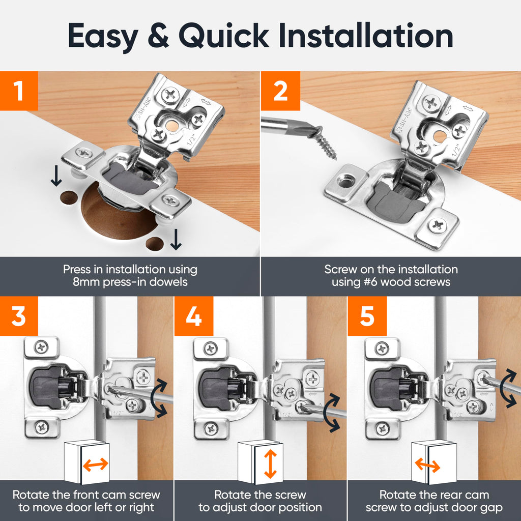 Decobasics 50 Pack Soft Close Cabinet Hinges – 1/2" Overlay for Kitchen Cabinet Doors, Slow Self-Closing Concealed Hidden Hinges for Face Frame –Stainless Steel, 3-Way Adjustable & Quiet Close Damper