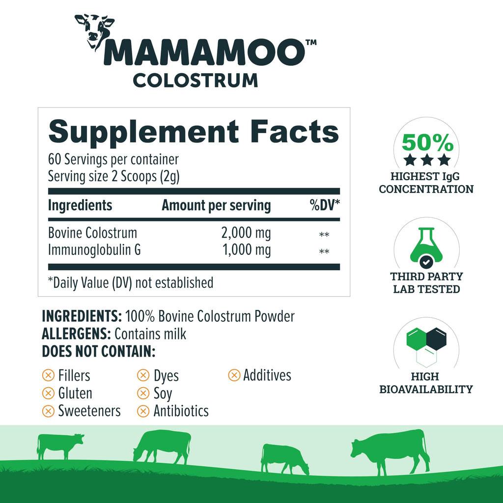 MamaMoo™ Colostrum Powder >50% IgG, Grass Fed, First & Only Non GMO Verified, Gut Health Bloating Immunity, Contains 400+ Bioactive Nutrients, Third Party Lab Tested, 60 Servings (Unflavored)