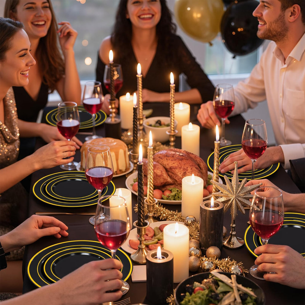 350 Pieces Black and Gold Plastic Plates with Disposable Silverware, Include 50 Dinner Plates 9”, 50 Dessert Plates 6.3”, 50 Black Cups 9 OZ, 50 Pre Rolled Napkins for Wedding/Party/Birthday/Halloween