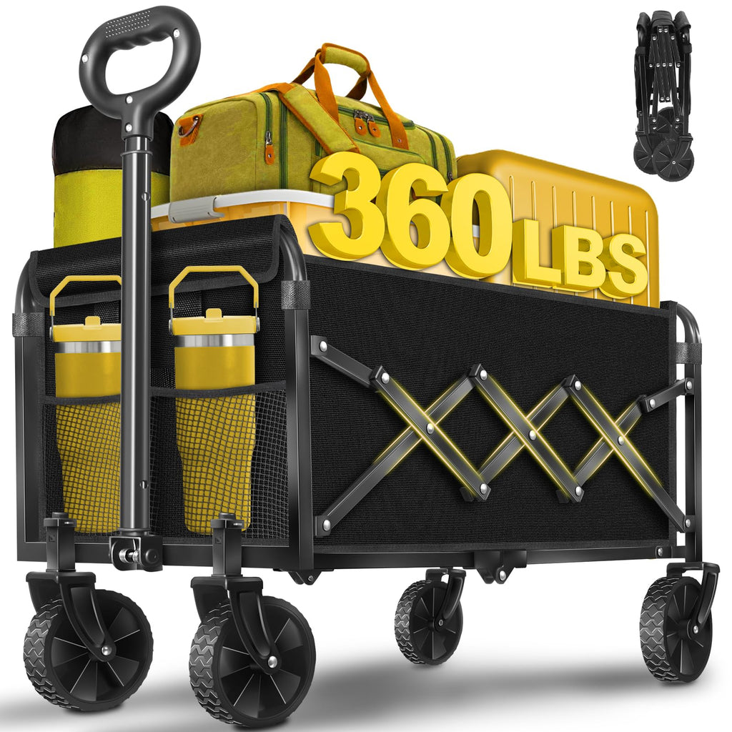 Wagons Cart Foldable, 360LBS Collapsible Wagon Cart with Wheels, Portable All Terrain Folding Utility Grocery Wagon for Shopping Camping Groceries Outdoor Sports, Heavy Duty, Rolling