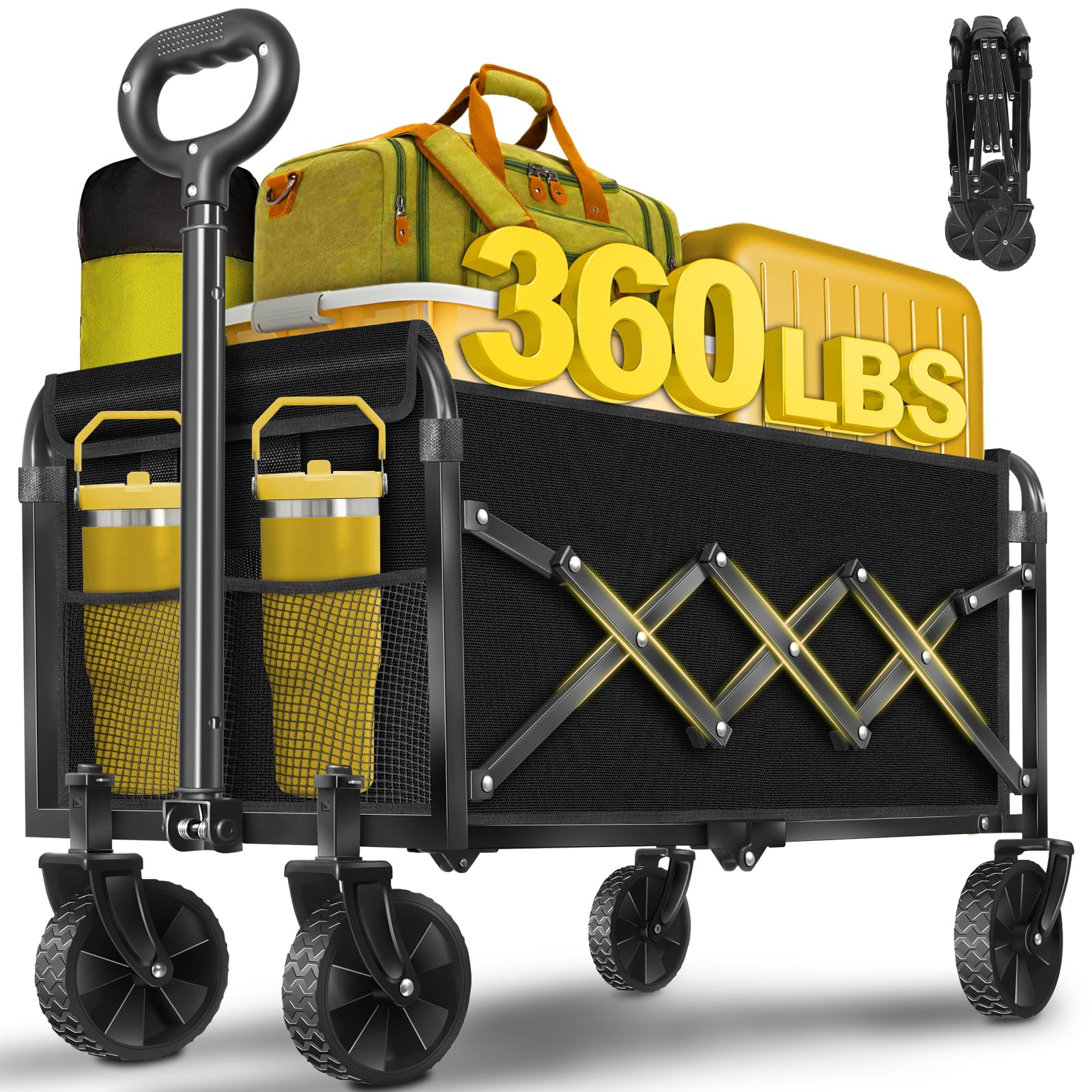 Wagons Cart Foldable, 360LBS Collapsible Wagon Cart with Wheels, Portable All Terrain Folding Utility Grocery Wagon for Shopping Camping Groceries Outdoor Sports, Heavy Duty, Rolling