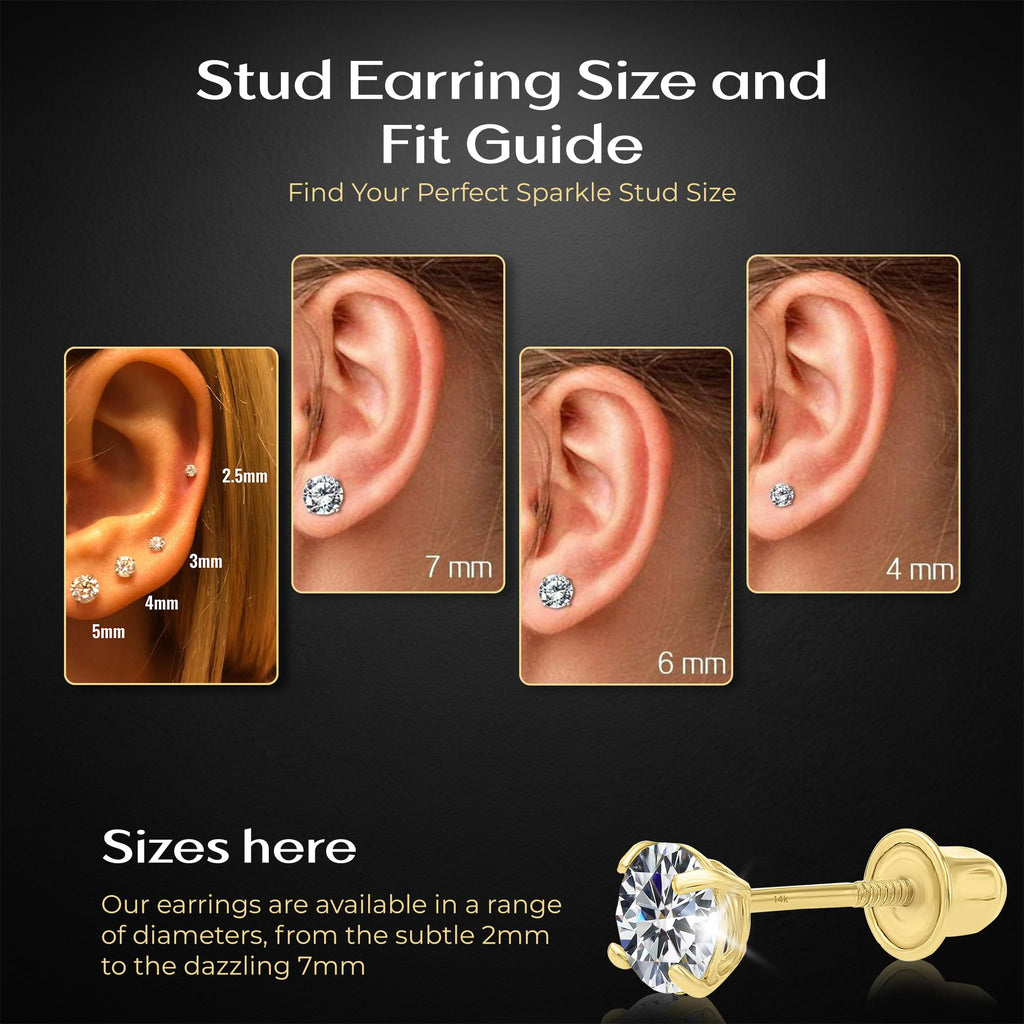 14k Yellow Gold Solitaire Round Cubic Zirconia Stud Earrings Basket-set CZ with Screw On Secure Screw-backs, 4mm