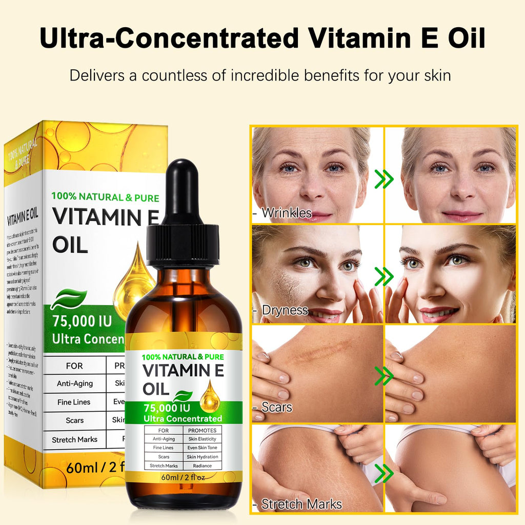 2 Pack Vitamin E Oil, 75,000 IU Organic Pure Vitamin E Oil for Tightening Plump Skin, Reduce Fine Lines & Scars, Moisturizing Skin, Face & Full Body