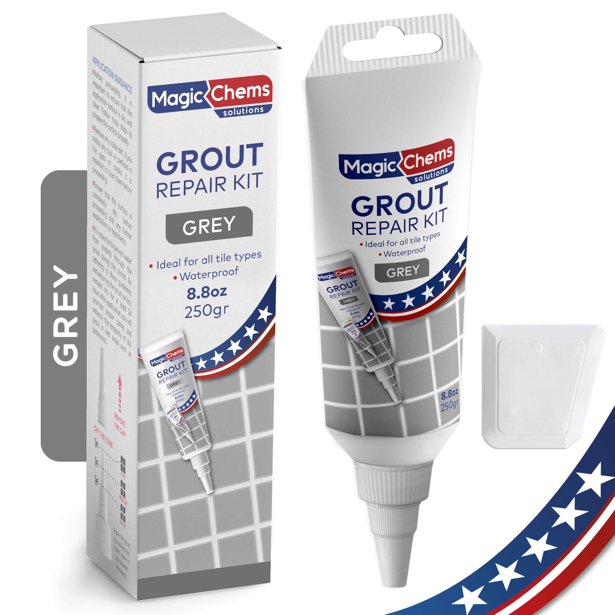 Magic Chems Tile Grout Repair, Grey 8.8 oz/250gr. Fast Drying Grout Repair Kit, Grout Filler Tube Repair Kit, Tile Grout Paint, Grout Sealer Restore and Renew Bathroom Floor, Tile Gaps, Joints, Lines