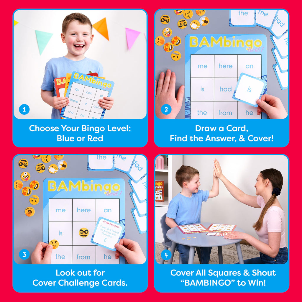 THE BAMBINO TREE Sight Word Bingo Game Level 1 and 2 - Educational Games for Kids - Learn to Read Vocabulary for Kindergarten 1st Grade - Dolch's Fry's Words Lists
