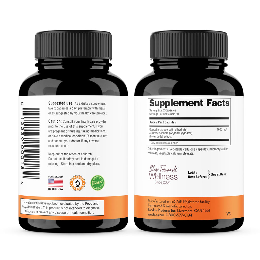 Quercetin 500mg Vegetarian Capsules 240 Count | 1000mg Per Serving of 2 Capsules | Immune Support Supplements For Respiratory, Cellular Health & Seasonal Allergies | Quercitin for Men & Women Immunity