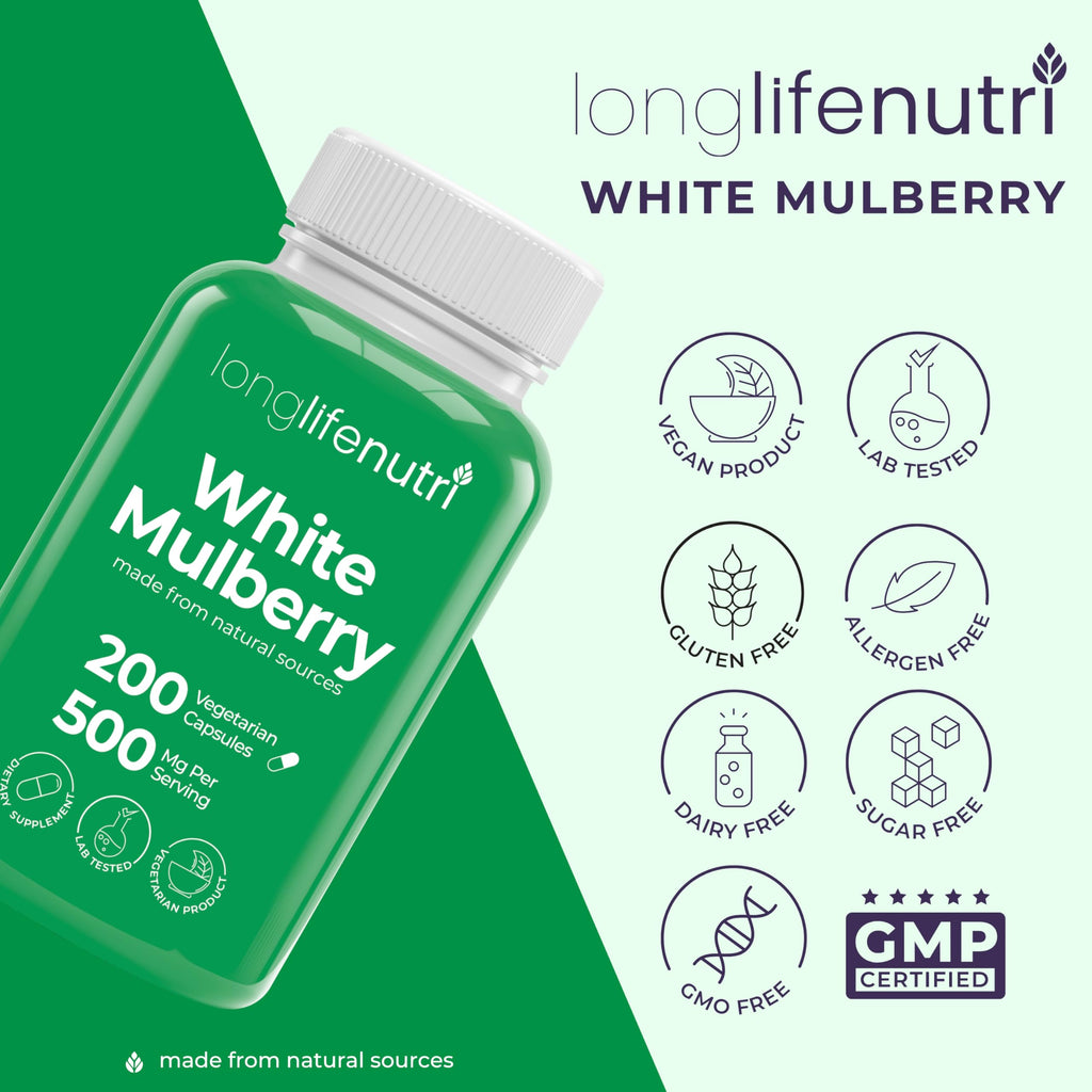 White Mulberry Leaf Extract 500mg - Sourced from Morus Alba Leaf, 200 Vegetarian Capsules, Supplement for Natural Balance and Wellness, 200-Day Supply, GMP Certified, Made in USA