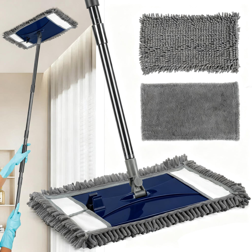 Wall Cleaner Mop with Long Handle, Extra Wall Dust Mop for Washing Walls with 2 Microfiber Reusable Pads,Floor Dry Wet Duster Mops for Wall Washer, Floor,Ceiling Cleaning，Blue