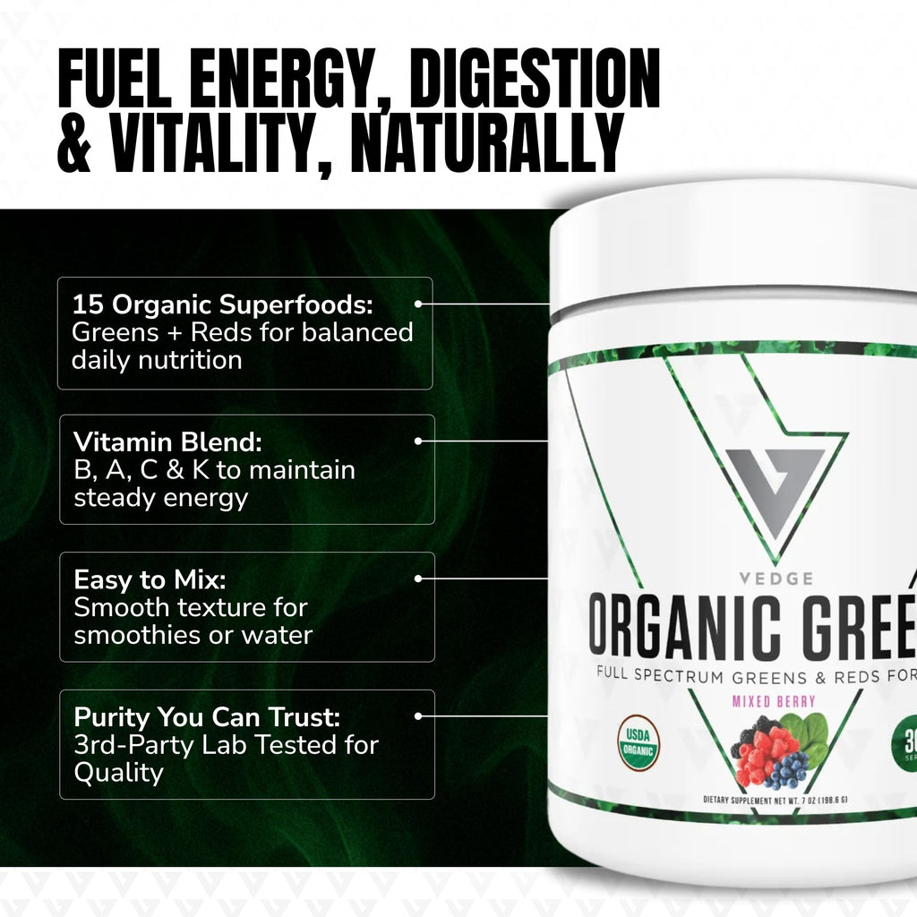 VEDGE Nutrition Organic Greens - Vegan Plant-Based Greens Superfood Powder - Drink Mix for Energy, Antioxidants & Recovery - Full Spectrum Greens for Athletes - 30 Servings - Mixed Berry Flavor