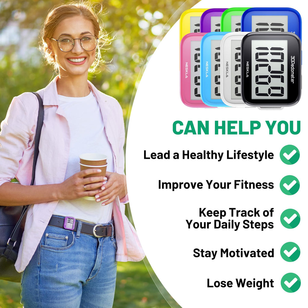 NESKLA 838 3D Pedometer for Walking, Simple Step Counter and Tracker with Large Digital Display, Removable Clip Lanyard, Accurately Track Steps for Men, Women, Kids, Adults, Seniors, Black