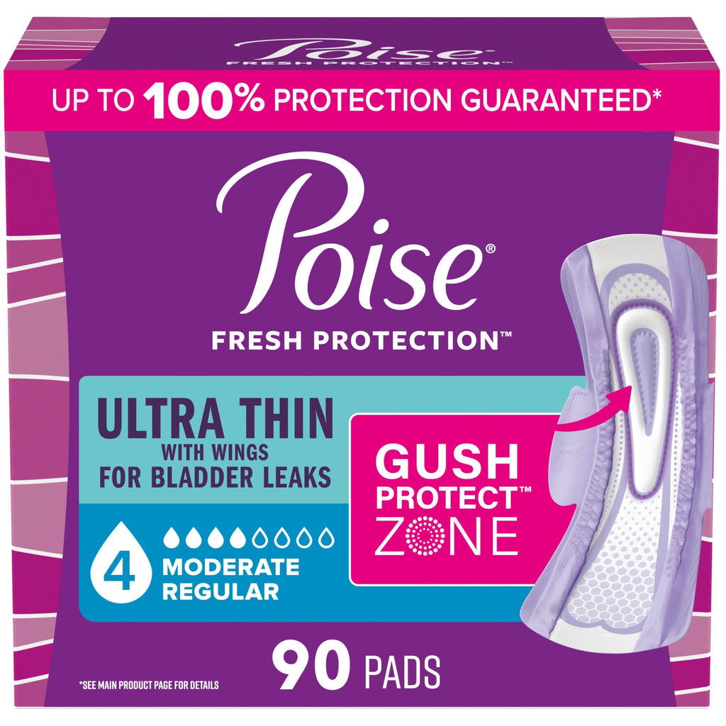 Poise Ultra Thin Incontinence & Postpartum Pads with Wings for Bladder Leaks, 4 Drop Moderate Absorbency, Regular Length, 90 Count (Packaging May Vary)