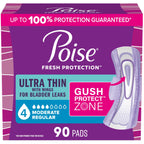 Poise Ultra Thin Incontinence & Postpartum Pads with Wings for Bladder Leaks, 4 Drop Moderate Absorbency, Regular Length, 90 Count (Packaging May Vary)