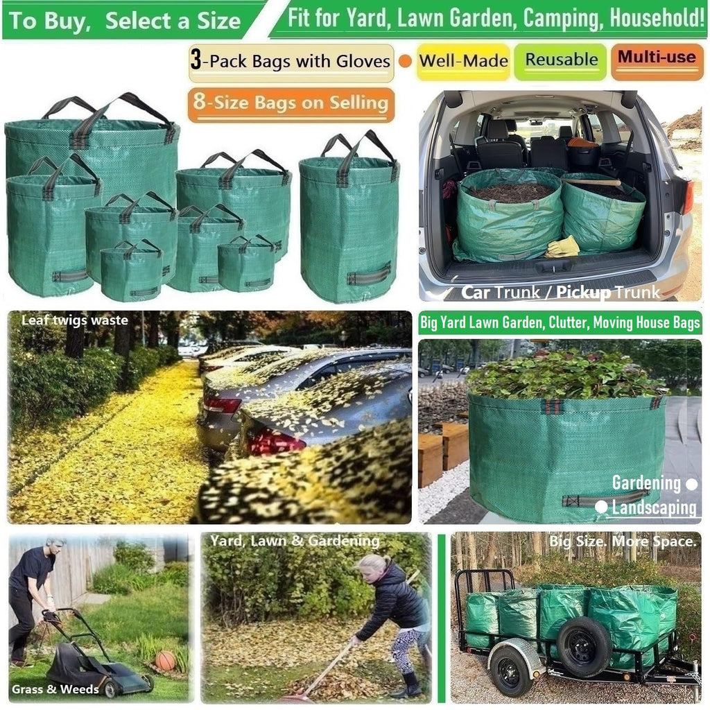 Standard 3-Pack 46 Gallon Lawn Garden Bags (D26,H19 in) Yard Waste Bags with Gardening Gloves for Leaf Bag,Yard Debris,Garden Trash Container,Camping Waste Bin,Lawn Weeds,Grass Clippings Bag 4 Handles