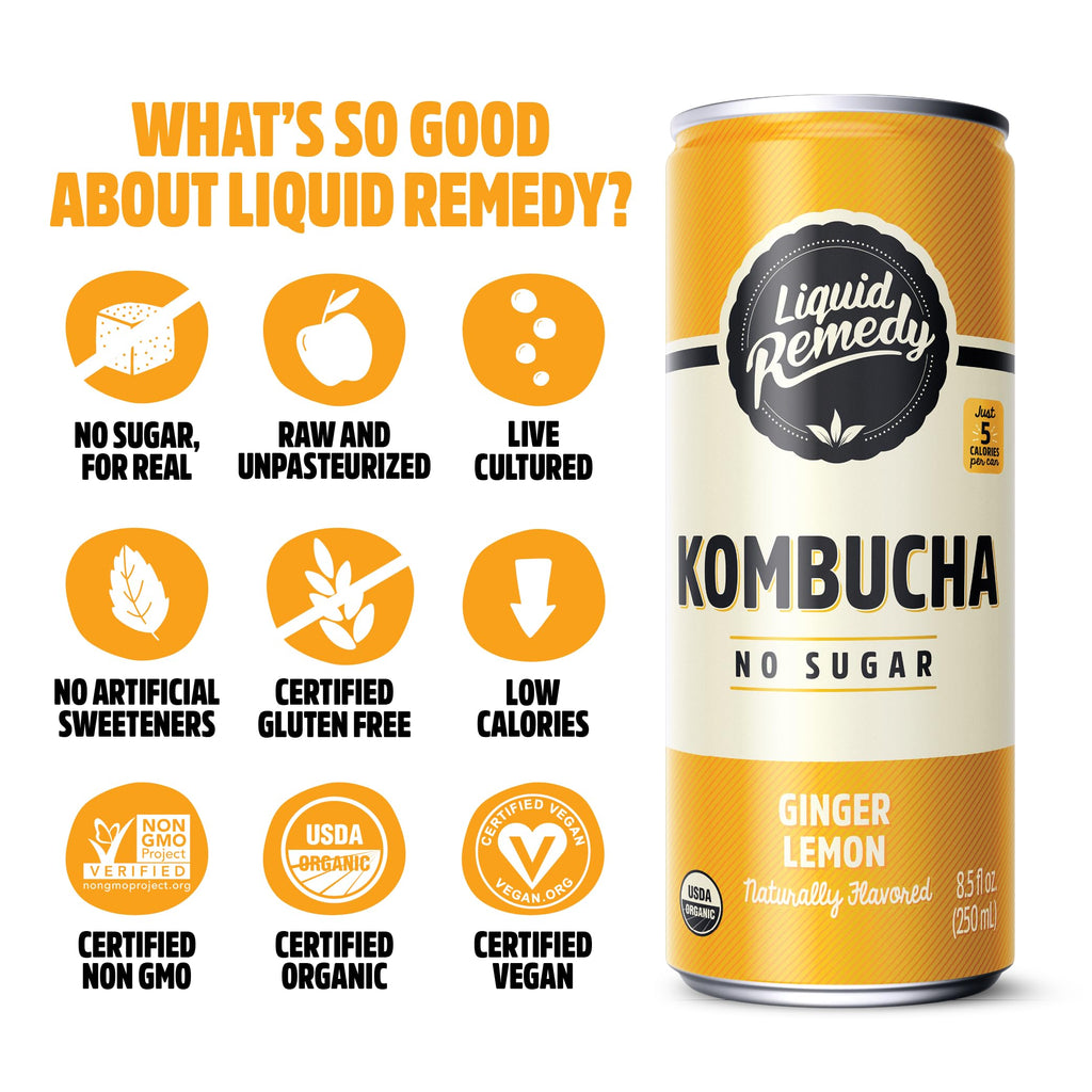 Liquid Remedy Kombucha Sugar Free Organic Drink, Low Calorie, Probiotic Like Tea for Gut Health - Super Sampler Variety Pack - 8.5 Fl Oz Can, 24-Pack