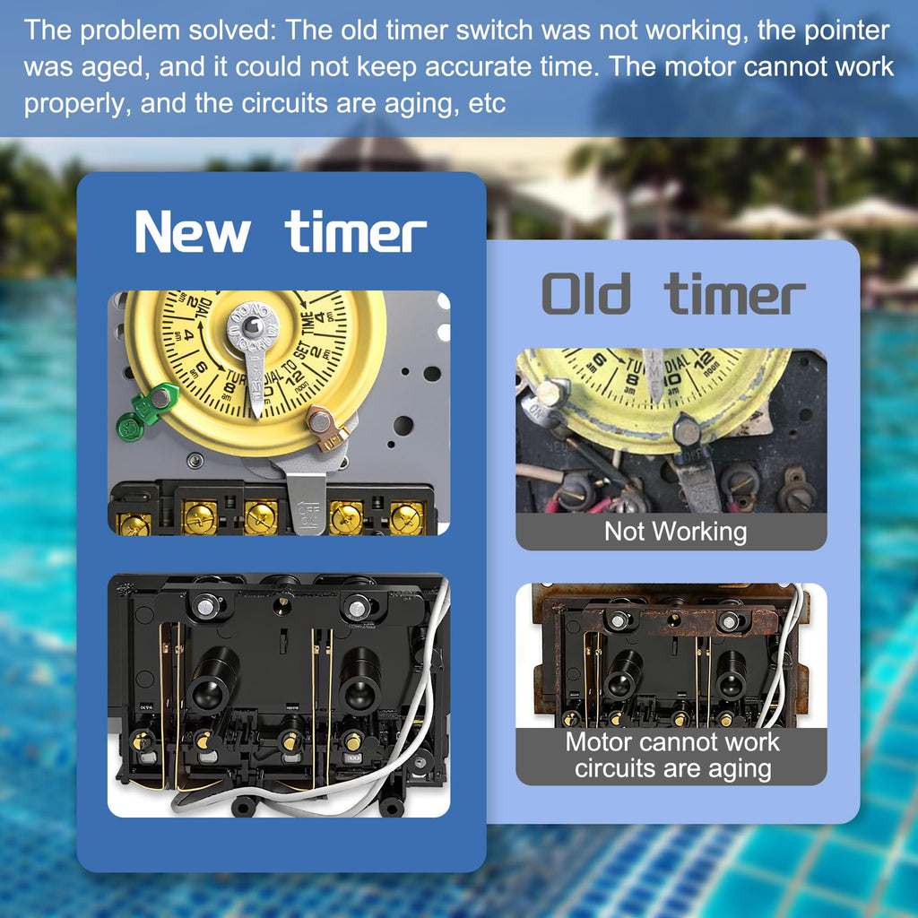 T101M Pool Timer Mechanism Only, Pool Pump Timer, 120V 2HP SPST 40A Time Switch, 24 Hour 12 ON/Off for Pool Pump, Heavy-Duty Mechanical Time Switches,Time Switch Mechanism Only, 5 Years Warranty