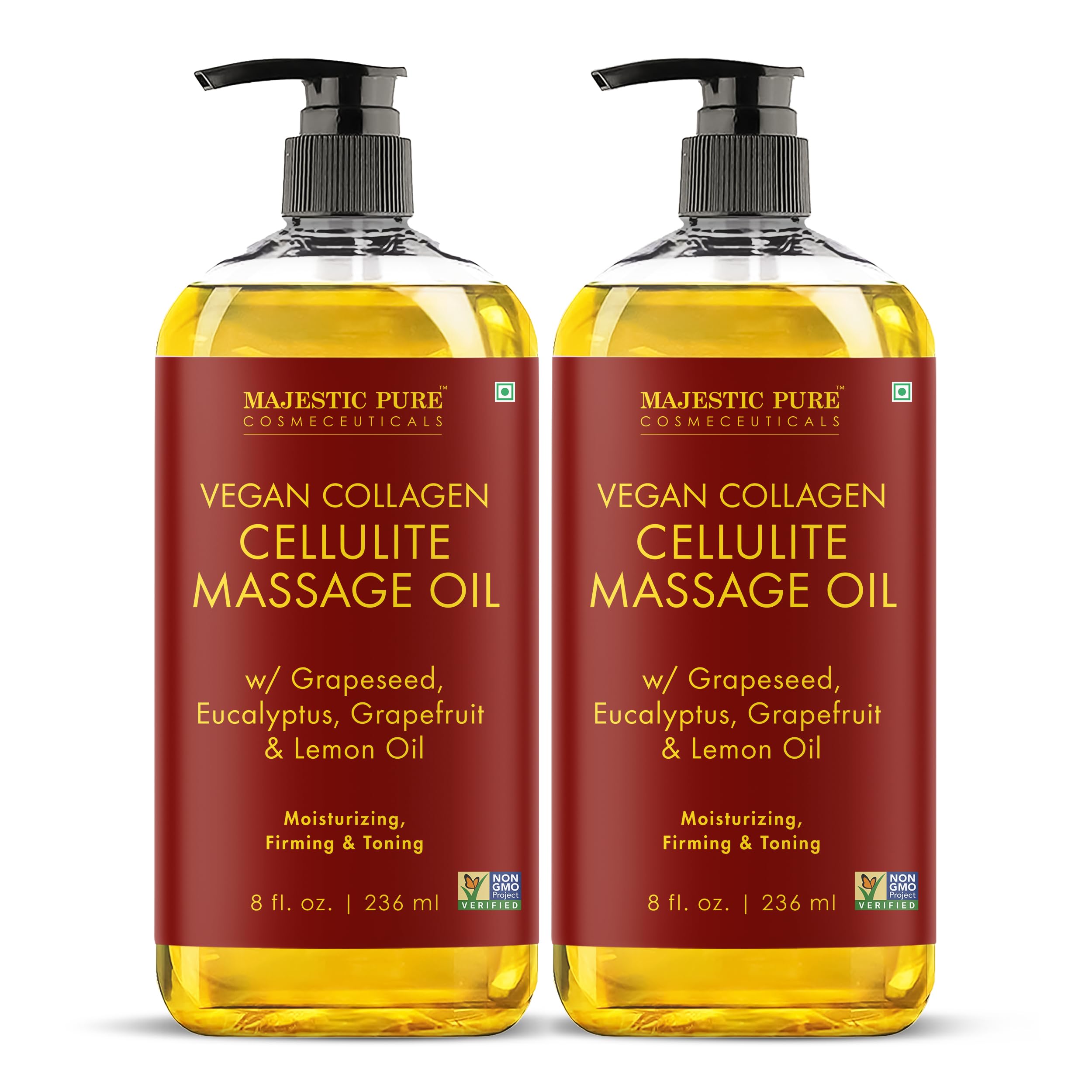 Majestic Pure Cellulite Massage Oil for Massage Therapy- Refreshing and Relaxing- Natural Oils with Grapeseed, Eucalyptus & Lemon Oil- All Skin Types- Men and Women Massage Lotion- 8 fl oz (Pack of 2)