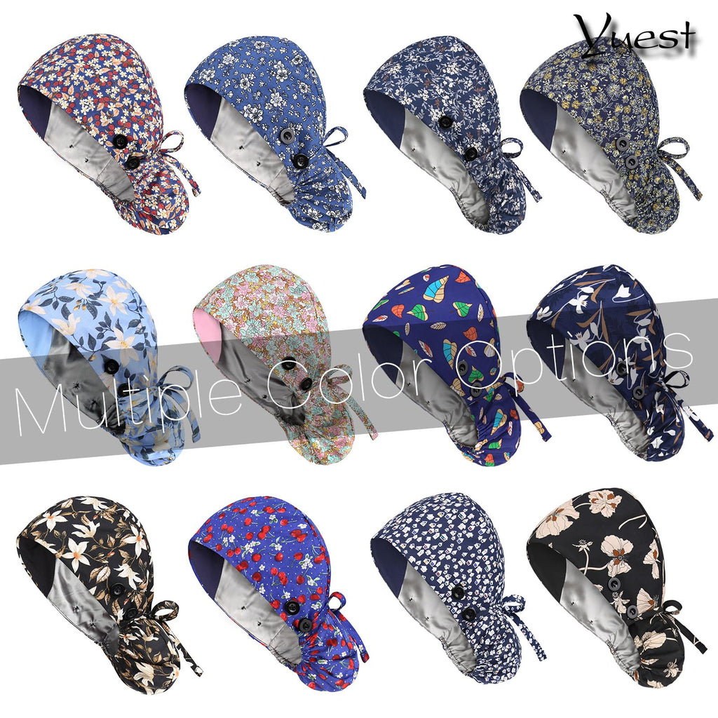 2 Pack Satin Lined Scrub Caps with Buttons & Sweathand, Surgical Caps for Women