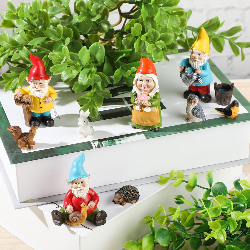Jetec 10 Pcs Mini Fairy Gnomes Statue Garden Accessories Kit Miniature Garden Resin Gnomes Hand Painted Squirrel Hedgehog Owl Bird and Bucket Ornament for Yard Lawn Home Outdoor Decoration