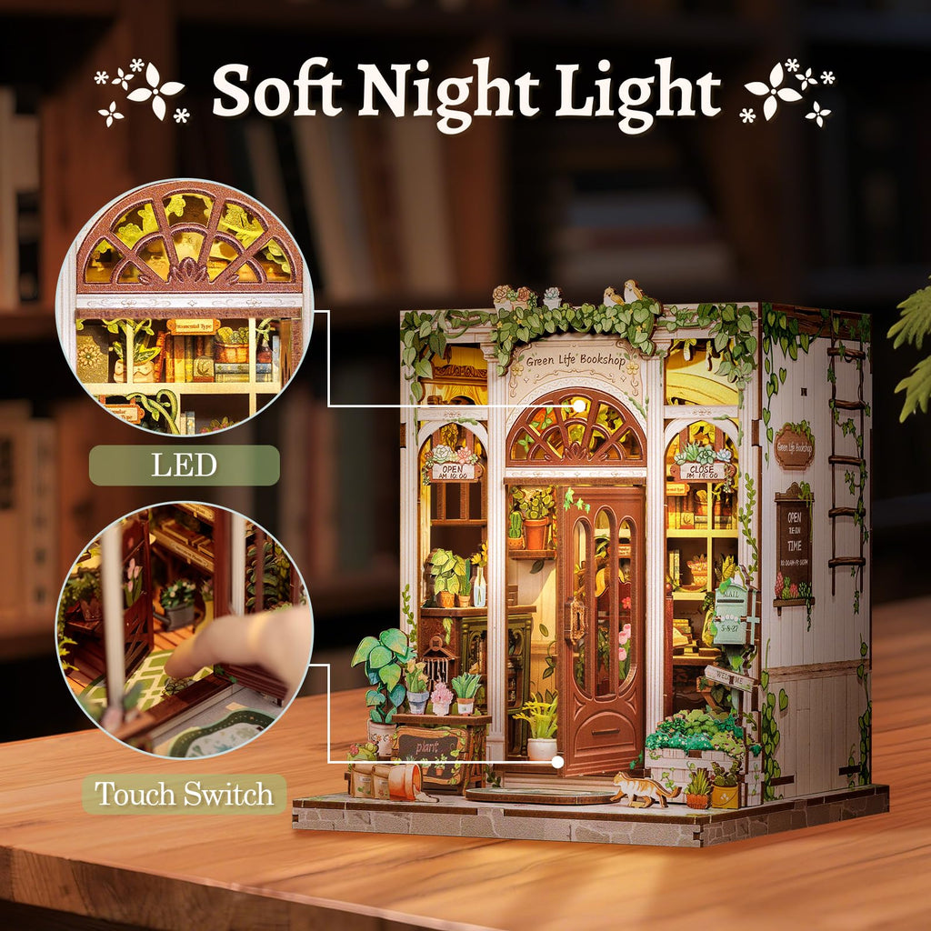 CUTEBEE Book Nook Kit - DIY Miniature House Dollhouse Kit for Adults and Teens, Booknook Tiny House Bookshelf 3D Wooden Puzzle, Gifts for Family (Green Life Bookshop)