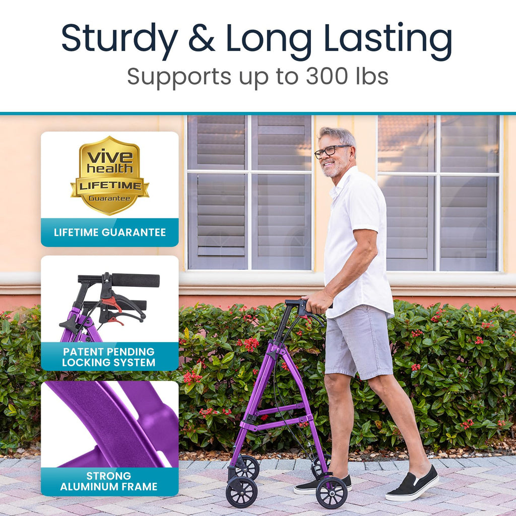 Vive Mobility Lightweight Walker for Seniors - Narrow, Folding Walker w/Wheels for Small & Tight Spaces - Light Weight for Balance, Compact Doorways, Foldable - Portable & Collapsible for Travel