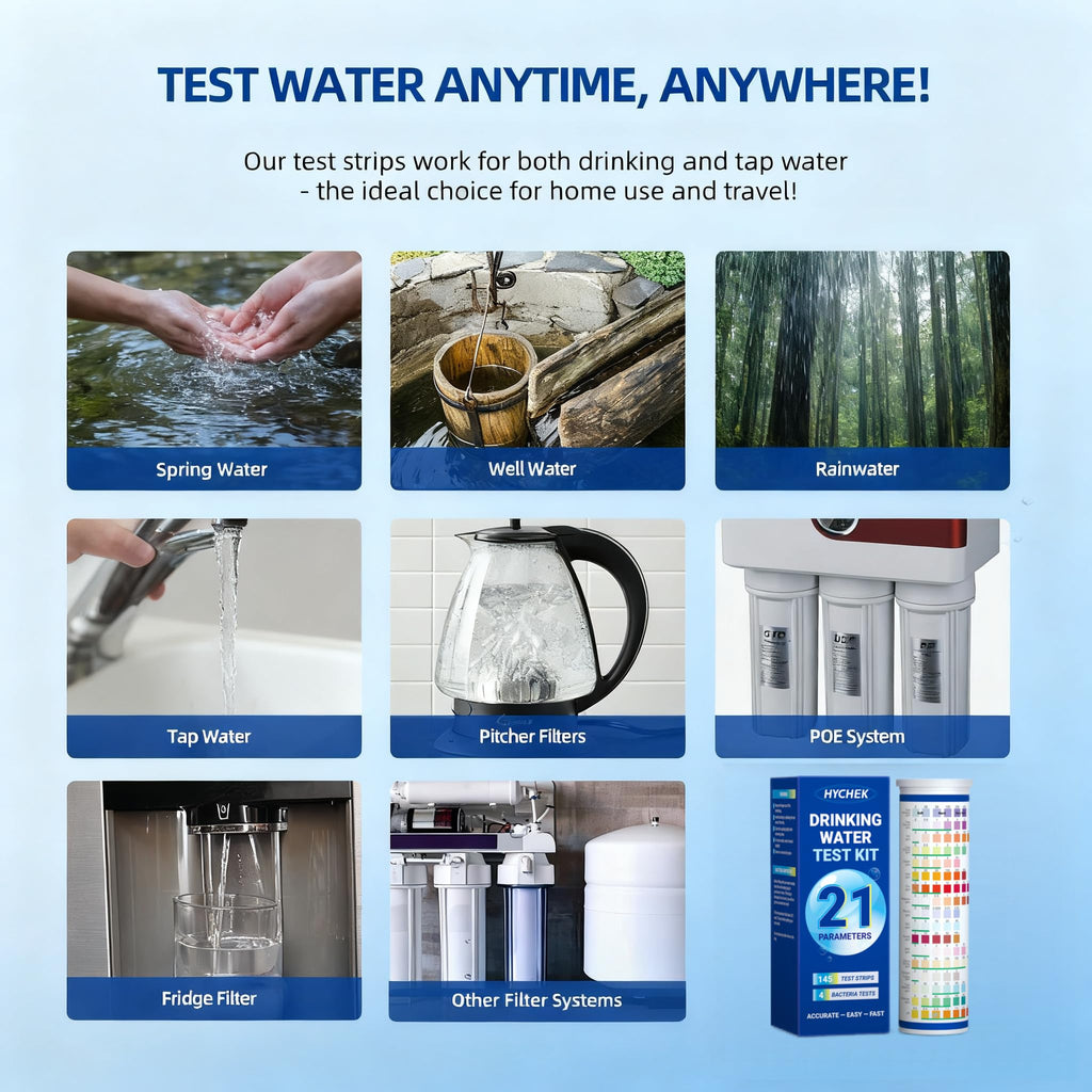 HYCHEK 21 in 1 Accurate Drinking Water Testing Kits, 145 Strips + 4 Bacteria Tests, Well and Tap Water Test Kit, Home Test Strips for Lead, Fluoride, Chlorine, Hardness, pH, Iron, Copper, and More