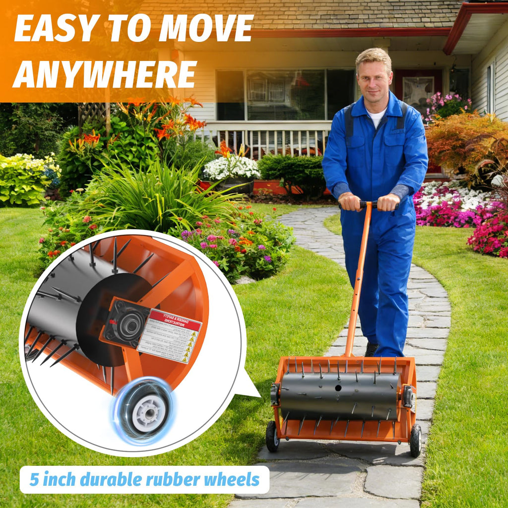 Hubiiett 24 Inch Rolling Lawn Aerator, Heavy Duty Manual Aerator Tool, Up to 70 lbs, Push Spike Aeration Tool with 42 Spikes, Suitable for Lawns, Garden, and Yard Grass Aeration [Orange]
