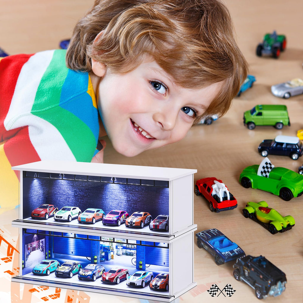 Tujoe 2 Pcs Hot Diecast Wheels Garage Display Case with LED Light and Acrylic Cover 1/64 Scale Diecast Toy Cars Storage Case Holds Max 12 Cars for Model Toy Car Storage Collector (Depot)