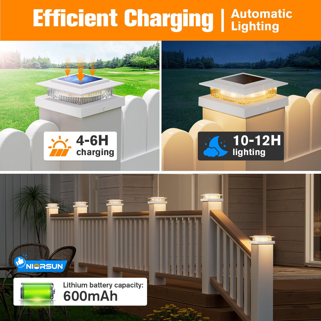 NIORSUN Solar Post Cap Lights Outdoor Waterproof, 4x4 Post Solar Lights 2 Color Modes, Fence Posts Solars Light for Deck Patio Garden Deco, 4x4 Posts Caps Wood Vinyl, 5x5 Vinyl, 6 Pack (White)
