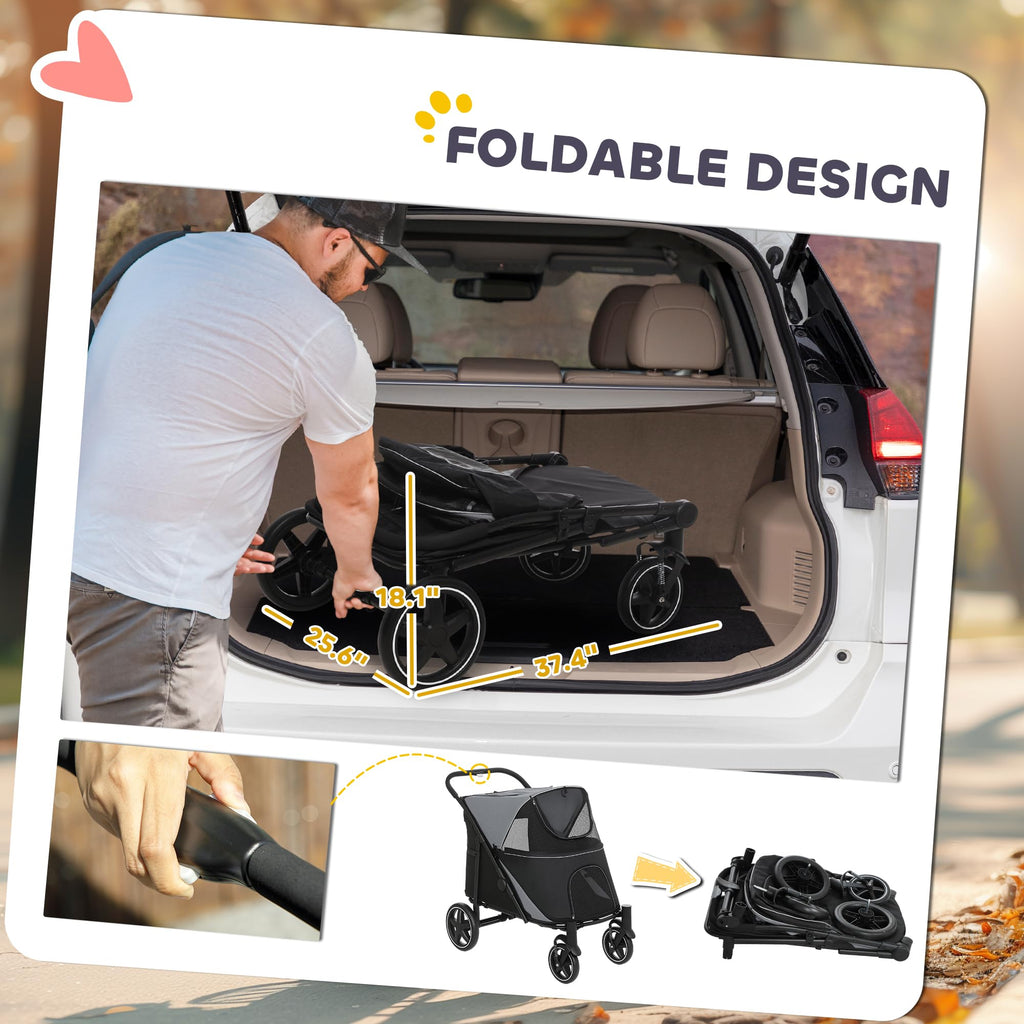 PawHut Dog Stroller for Large Medium Small Dogs up to 66 Lbs. 23.5" in Body Length, One-Click Foldable Pet Cat Stroller with Storage, Shock Absorption Wheels, Mesh Window, Safety Leash, Gray