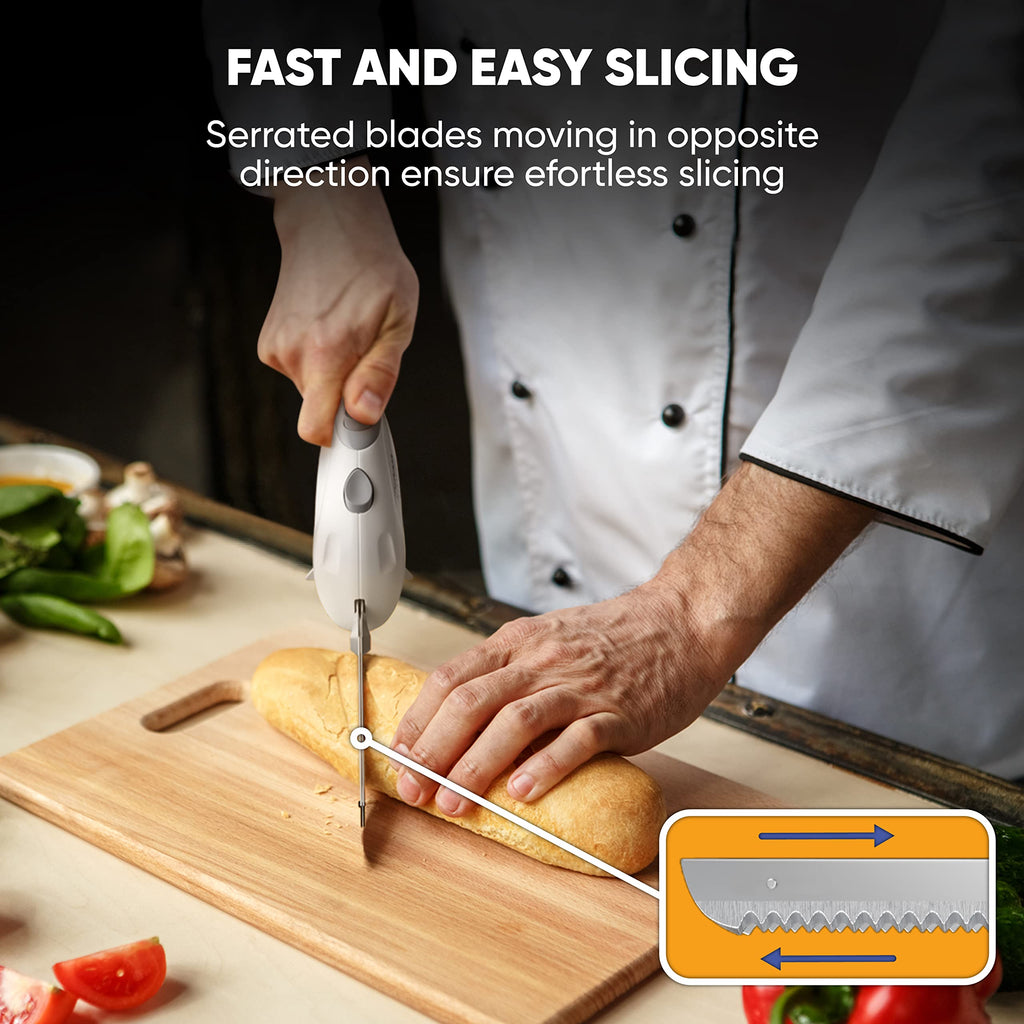 Homaider Electric Knife for Turkey, Meat Slicing, Bread, Fillet, Foam & More | Ergonomic Handle + 2 Stainless Steel Carving Blades & Serving Fork Included