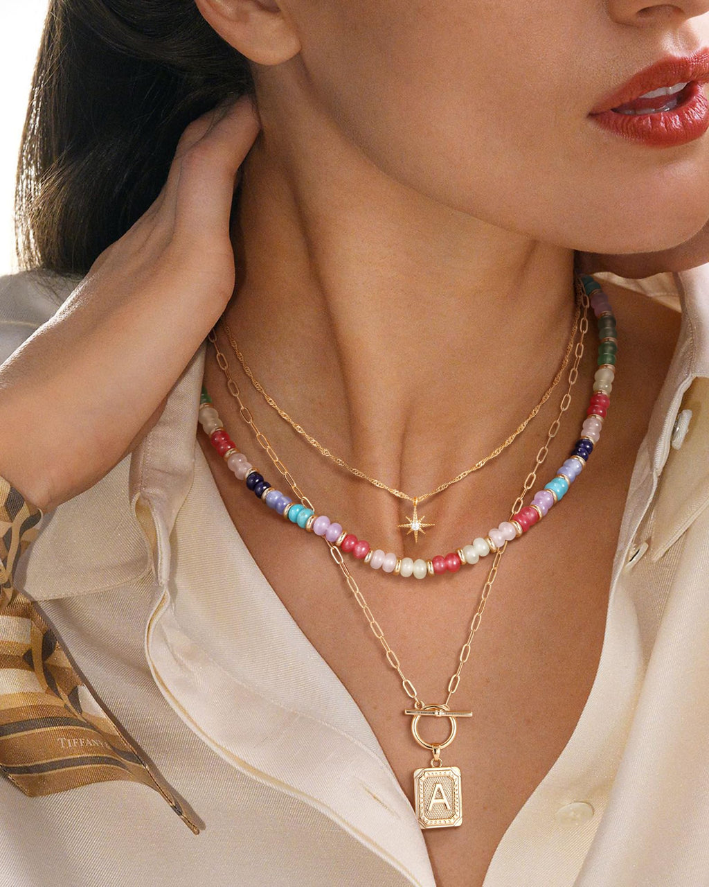 MJartoria Layered Initial Necklaces for Women Trendy, 14K Gold Plated Simple Star Choker Square Letter Pendant Necklace, Colorful Beaded Necklace, Gold Necklaces Jewelry Gifts (K, Gold Plated)