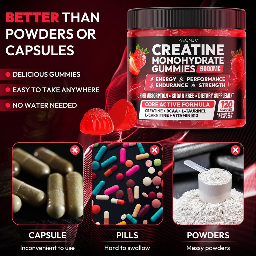 AEQNJV Creatine Gummies Monohydrate Complex 9000MG, Chewable Creatine Monohydrate Gummies for Men & Women with L-Taurine, BCAA 2:1, B12/6, Building Muscle Strength and Boost Focus, 30 Days Supply