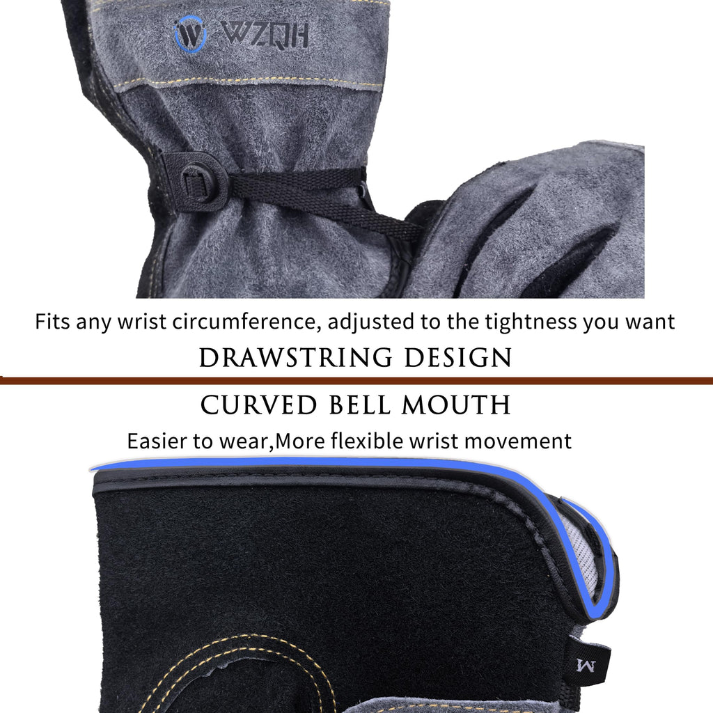 WZQH Leather Work Gloves for Men or Women, Large Glove for Gardening, Tig/Mig Welding, Construction, Chainsaw, Farm, Ranch, etc. Cowhide, Soft Lining, Utility, Firm Grip, Durable. Grey-Black L