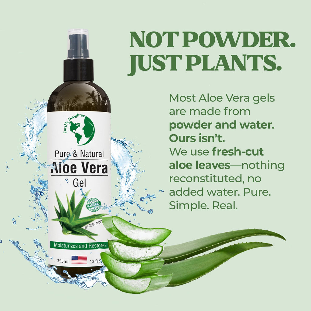 Earth's Daughter Organic Aloe Vera Gel from 100% Pure and Natural Cold Pressed Aloe – Moisturizes - Great for Face - Hair- Sunburn - Aftershave - Bug Bites - 12 oz.