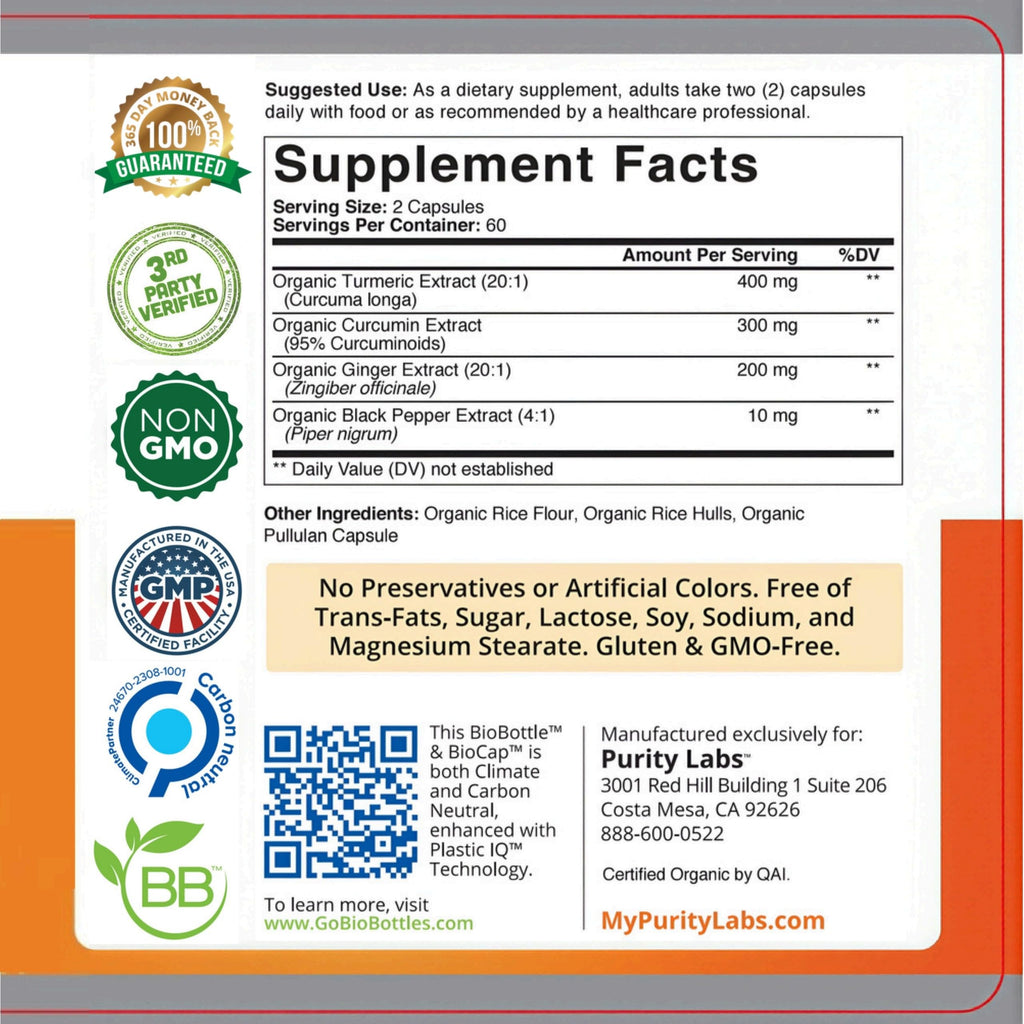 Organic Turmeric Curcumin Capsules with Black Pepper & Organic Ginger, 95% Curcuminoids, High Potency Turmeric Supplement for Joint Support & Inflammation, 120 Vegetarian Capsules