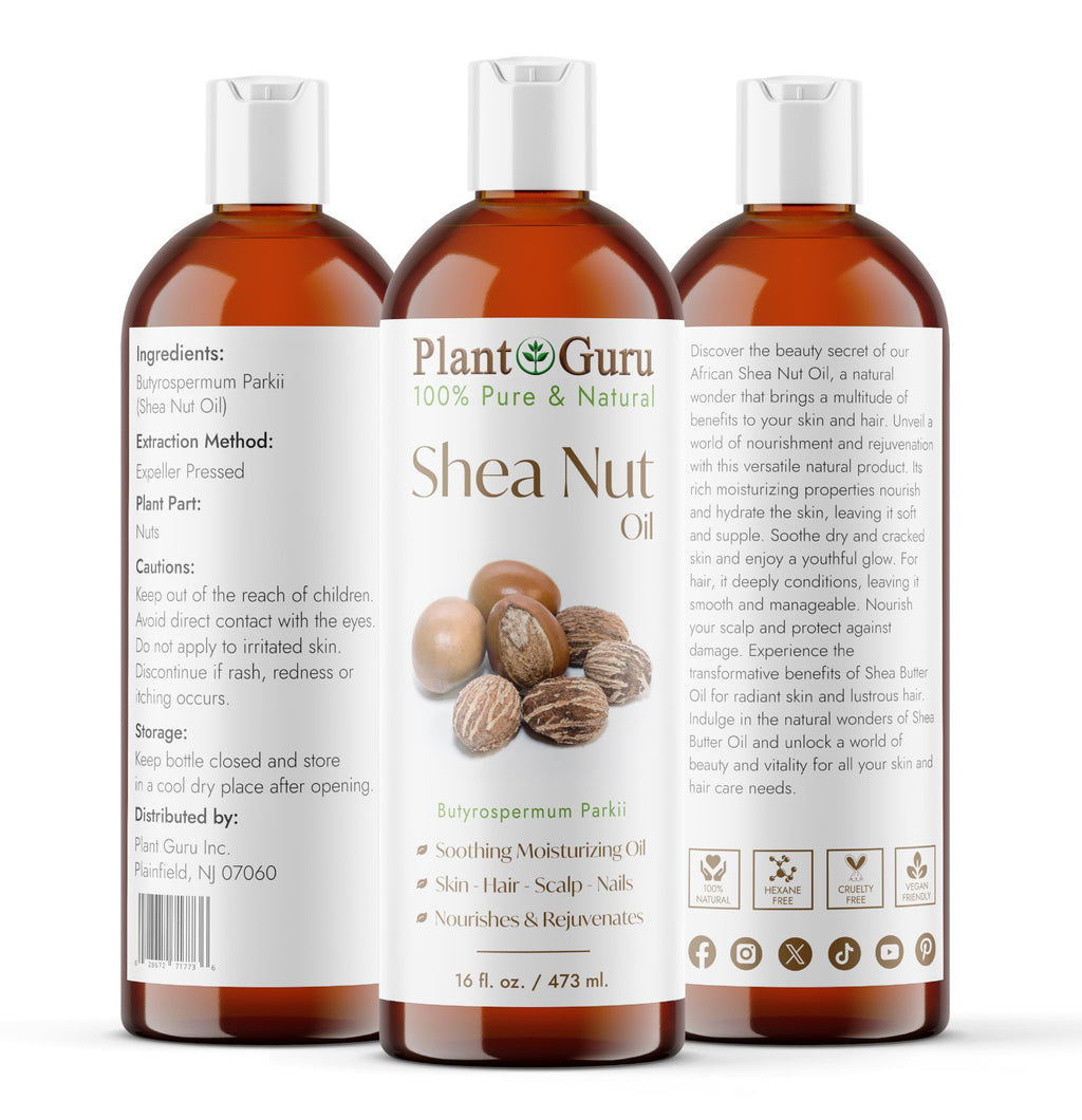 Plant Guru African Shea Nut Butter Oil 16 fl. oz. 100% Pure Natural Skin, Face, Hair Growth And Moisturizer. DIY Body Butters, Lotions, Creams, Lip Balm And Soap Making.