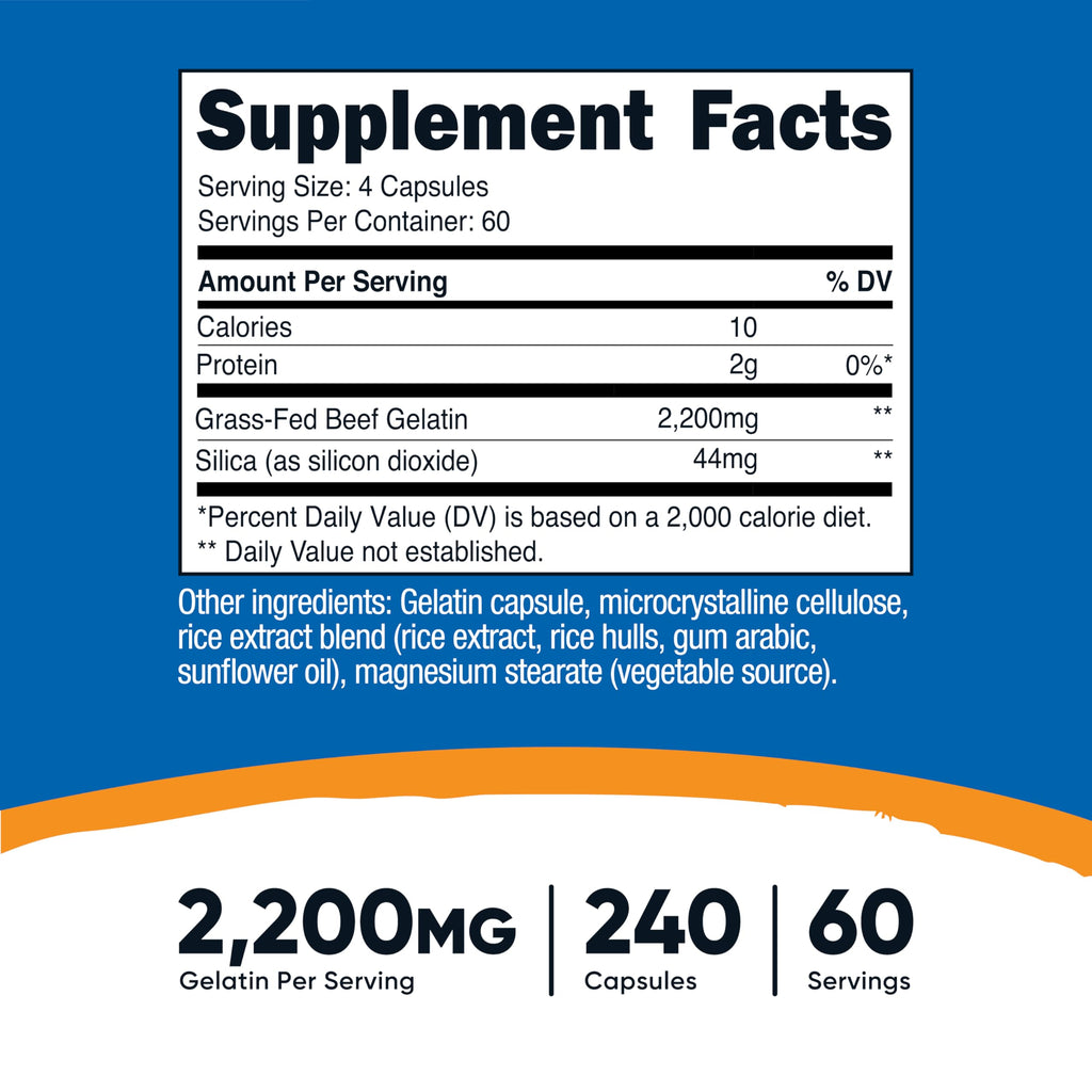 Nutricost Gelatin with Silica (2,200mg) 240 Capsules - With Grass-Fed Beef Gelatin, Gluten-Free, GMO-Free, 60 Servings