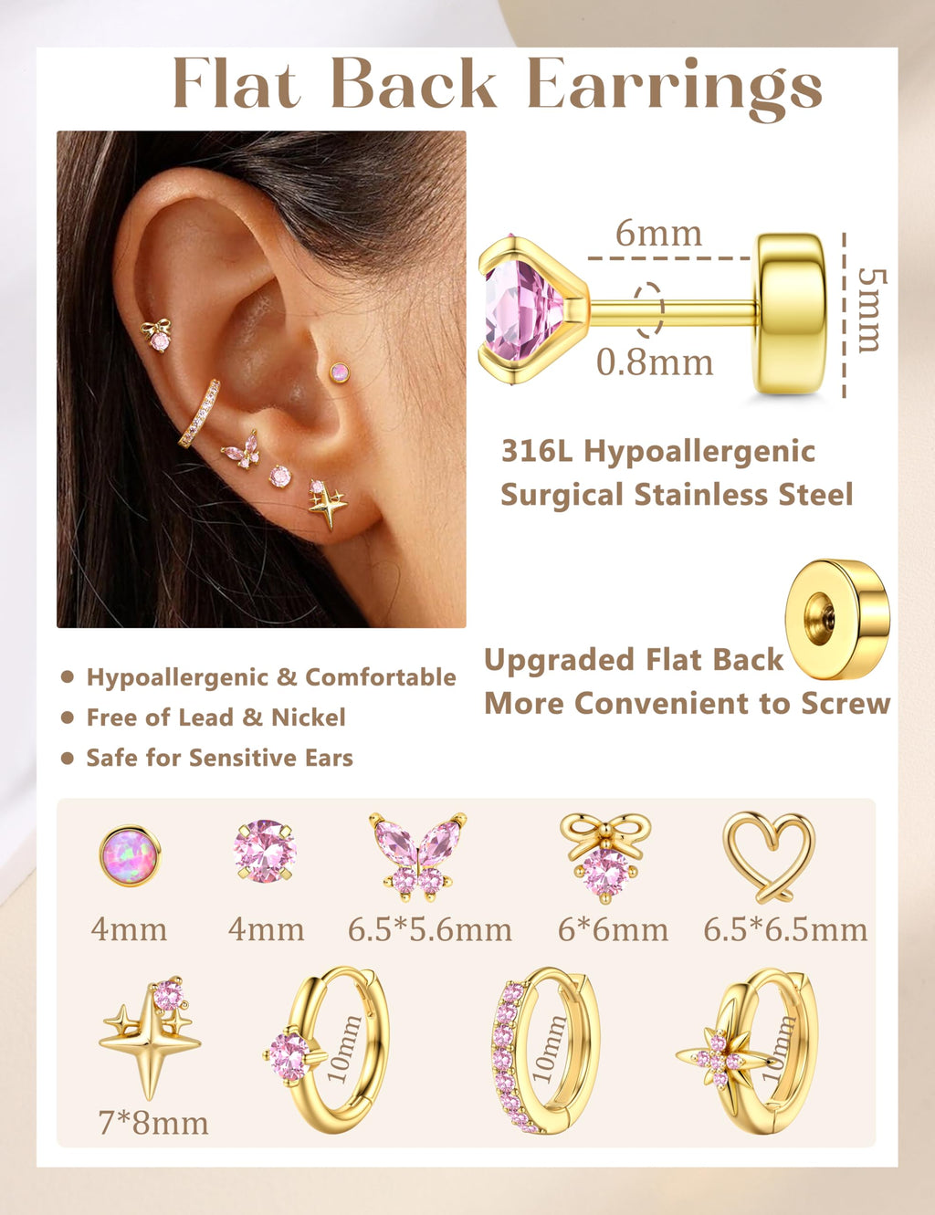 Kakonia Hypoallergenic Flat Back Earrings for Women Men Surgical Steel Earring for Sensitive Ears, 14K Gold Plated Stainless Steel Flatback Stud Hoop Cartilage Earring Stacks for Multiple Piercing G P