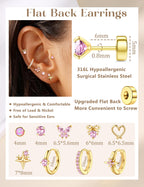 Kakonia Hypoallergenic Flat Back Earrings for Women Men Surgical Steel Earring for Sensitive Ears, 14K Gold Plated Stainless Steel Flatback Stud Hoop Cartilage Earring Stacks for Multiple Piercing G P