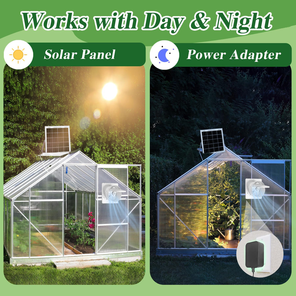 Solar Exhaust Fan, 25W Solar Panel + 8" Ventilation Vent Fan, with Power Adapter, Anti-backflow Valve, High Speed Solar Powered Exhaust Fan for Shed, Chicken Coop, Greenhouse, Dog House (White)