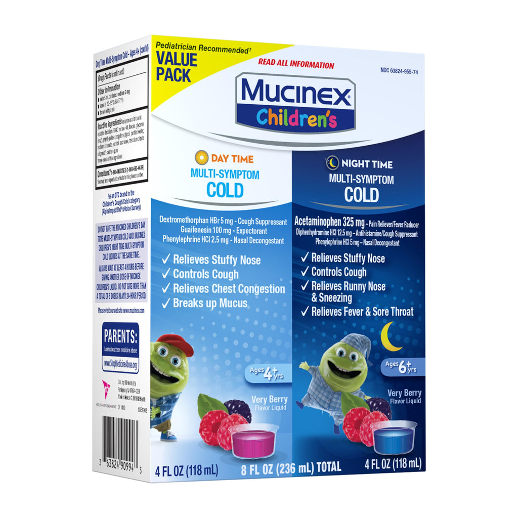 Mucinex Cold & Cough, Children's Multi-Symptom Day/Night Liquid, Very Berry, 8oz (2x4oz) Relieves Nasal & Chest Congestion, Thins & Loosens Mucus, Controls Cough, Reduces Fever, Soothes Sore Throat
