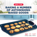 BAKKEN Kitchen Baking Pan Set - Nonstick Coating, Carbon Steel Bakeware Sets with Blue Silicone Handles, Baking Kitchen Essentials, PFOA, PFOS, PTFE Free, Oven Safe Tray (Up To 450° F), Set of 3