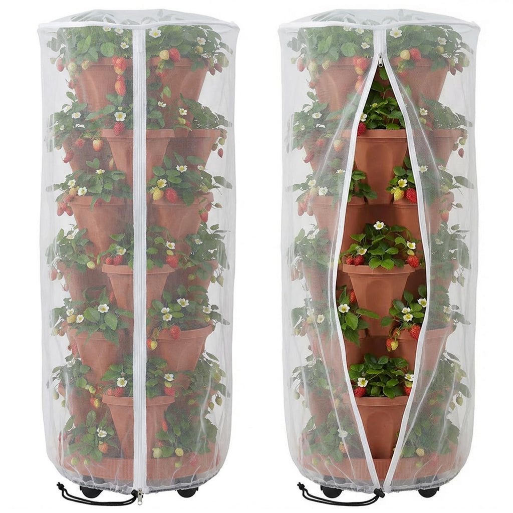 2 Pcs Vertical Plant Pot Insect Netting with Zipper, 59"x22" Stackable Planter Garden Net Cover, 6 to 7 Tier Planter Pot Insect Bird Barrier Protection Mesh for Strawberry Herb Flower Fruit Vegetable