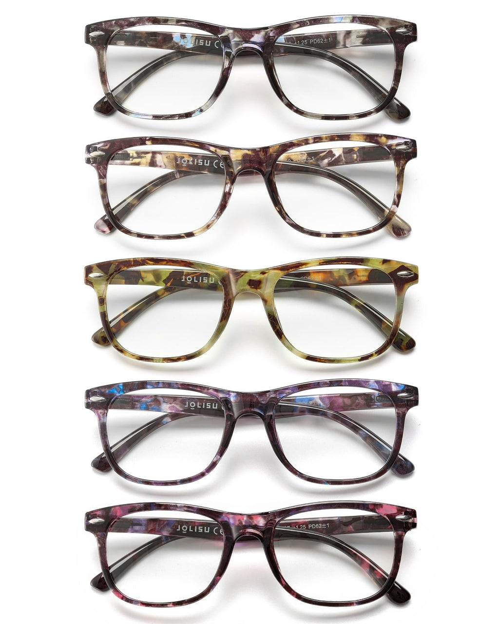 JOLISU Reading Glasses For Women - 5 Pack Stylish Readers For Womens Men Spring Hinge Eyeglasses -Blue Light Blocking Protection Frame (1.75)
