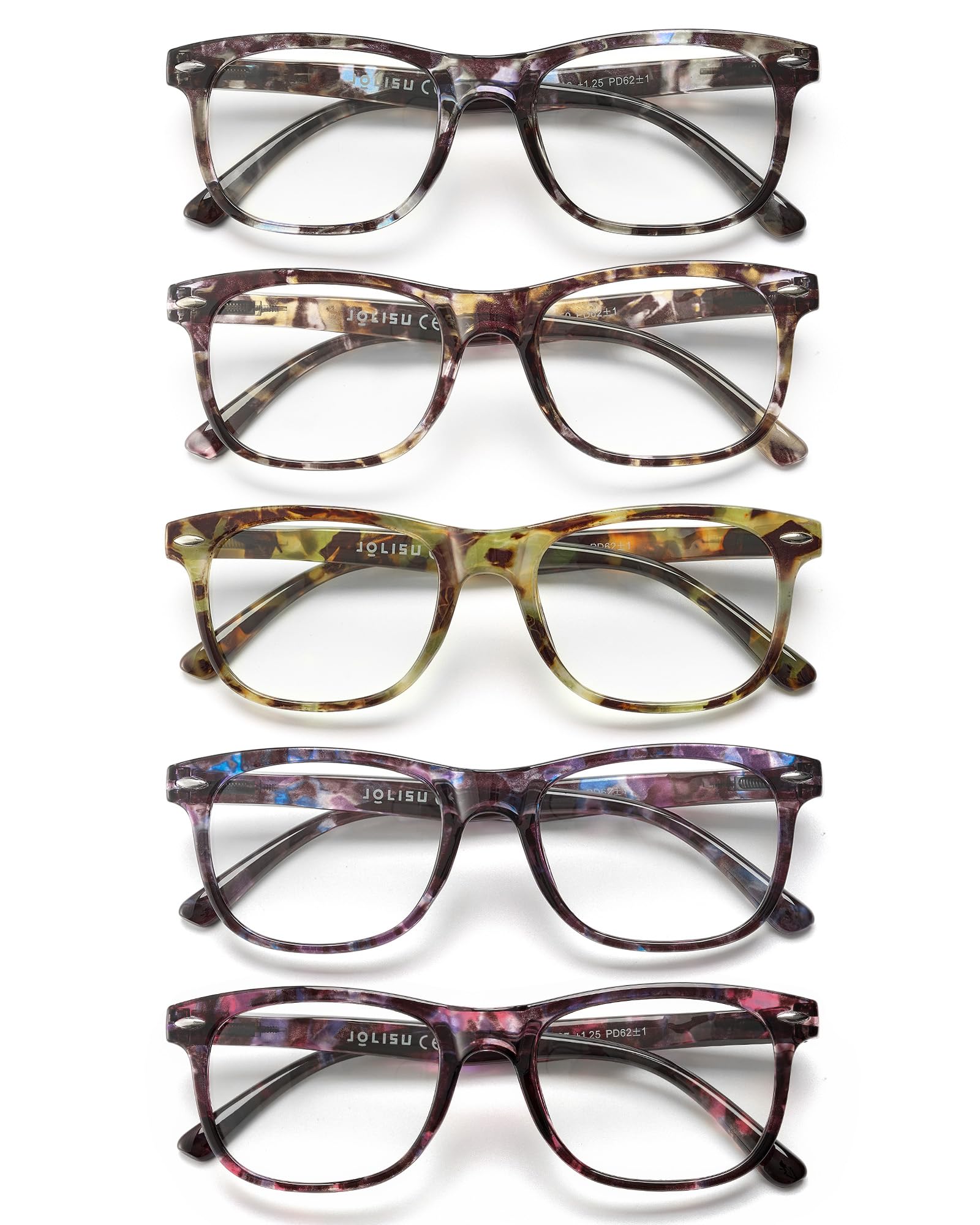 JOLISU Reading Glasses For Women - 5 Pack Stylish Readers For Womens Men Spring Hinge Eyeglasses -Blue Light Blocking Protection Frame (1.75)