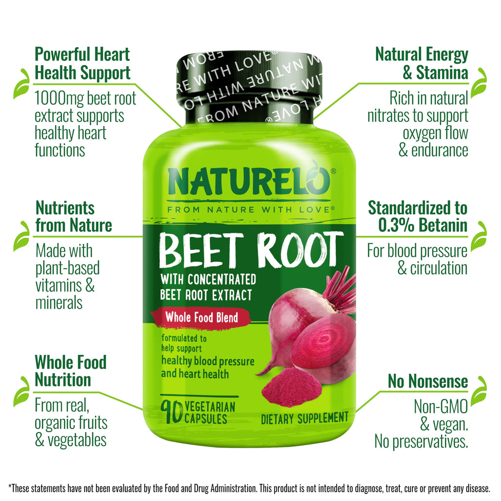 NATURELO Beet Root 90 Capsules – Heart Health & Blood Pressure Support* – 1000mg Beet Root Extract + Whole Food Blend – Non-GMO, Vegan, Gluten-Free