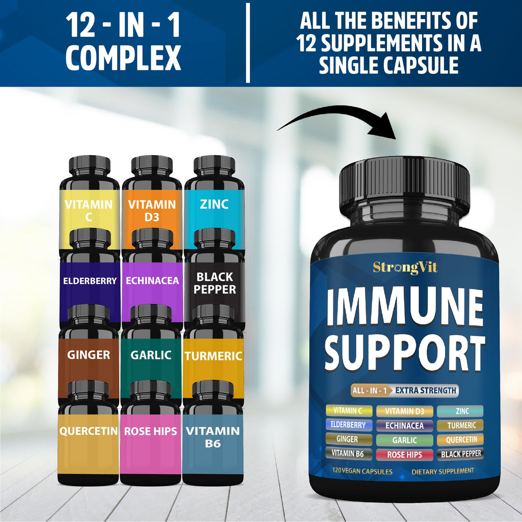 StrongVit Immune Support Supplement 12 in 1 Complex with Vitamin C, D3, Zinc, Echinacea, Elderberry, Ginger, Turmeric. Immune Defend for Men & Women, Non-GMO, Gluten-Free, Vegan, USA (120 Capsules)