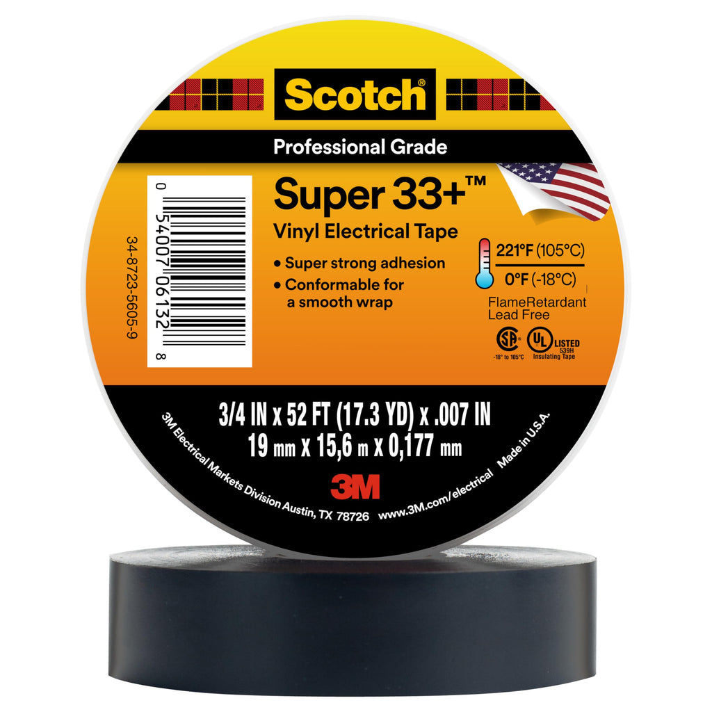 3M Scotch Super 33+ Electrical Tape, 3/4 in x 52 ft, 1 Roll, Black