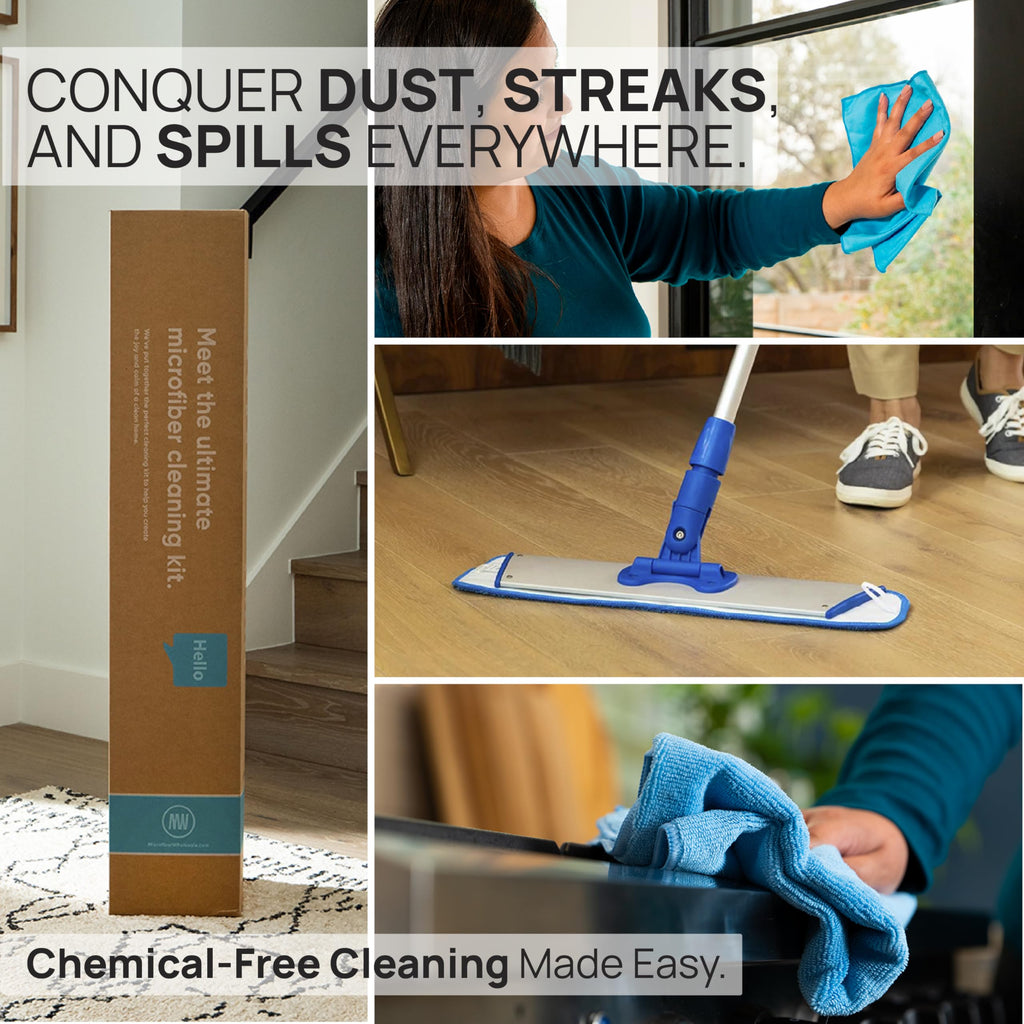 Ultimate Microfiber Cleaning Kit - Dry & Wet Mop for Hardwood, Tile, Vinyl Floors | 12Pack Microfiber Cloths | High Duster | Glass Cleaning Cloths | Reusable Mop Pads | Long Telescopic Handle
